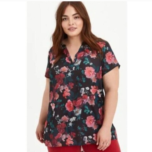 Torrid Women's Short Sleeve Georgette Hi-Low Tunic‎ Blouse Top 5X Black Floral - Picture 3 of 7